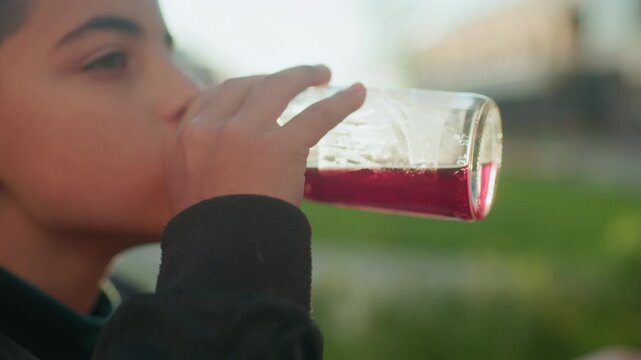 Close up side view of kid drinking grape juice from glass bottle outdoors, cheek dimples visible as he sips beverage under warm natural sunlight, enjoying refreshing drink in casual urban setting