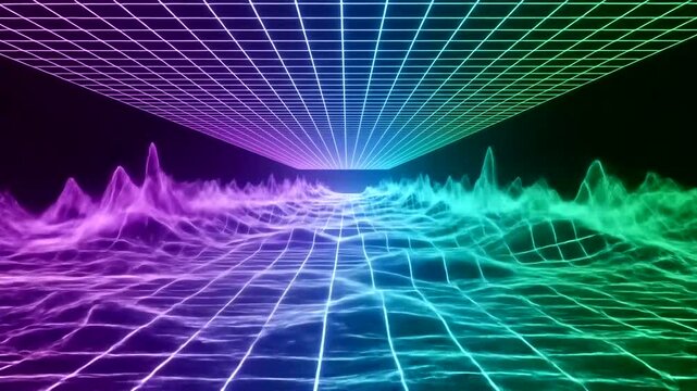 A digital landscape with vibrant neon gridlines and textured, undulating terrain.