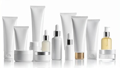 Minimalist skincare packaging collection with white tubes, jars, and bottles, clean and modern aesthetic.