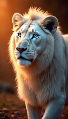 Fototapeta premium White lion with striking blue eyes walks forward. Warm golden light illuminates its majestic face and mane. The predator moves with quiet power through its natural habitat.