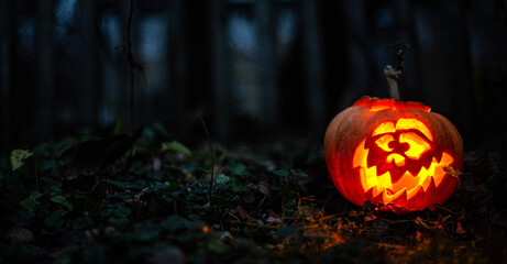 Dark misty night with scary pumpkin