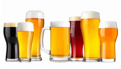 Assorted beer styles in varied glassware, showcasing color, foam, and brewing diversity.