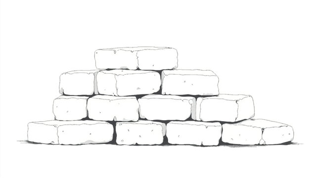A black and white, hand-drawn illustration of a stack of bricks on a white background. Brick wall. A stack of bricks.	