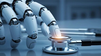 A futuristic robotic hand uses a stethoscope showcasing the integration of artificial intelligence in modern medicine healthcare technology and future diagnostic advancements for humanity