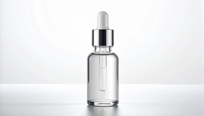 Naklejka premium Clear dropper bottle with silver cap and white bulb, minimalist skincare or cosmetic packaging.
