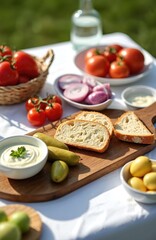 Outdoor picnic table set with fresh ingredients under summer sun. Sliced bread, creamy dip, pickles, kumquats, red onions, ripe tomatoes arranged for healthy meal. Enjoy summer food prep in green