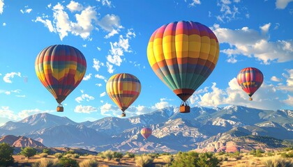 Naklejka premium Albuquerque Balloon Fiesta USA colorful hot air balloons in blue sky, desert mountain