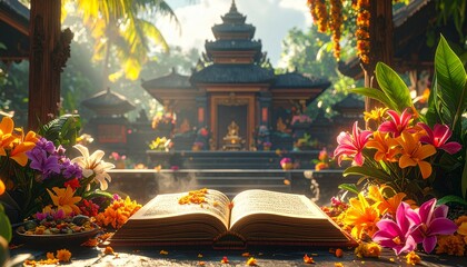 Bali Saraswati Festival Indonesia offerings of books and flowers, Hindu temple ritual 