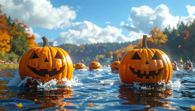 Pumpkin Regatta Germany giant pumpkins floating on lake, people racing,