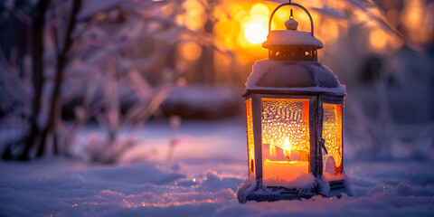 Glowing lantern casts warm light on snowy winter landscape at sunset