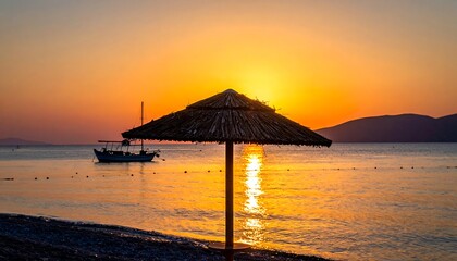 Sunrise over a tranquil beach scene with a straw umbrella and a small boat.
