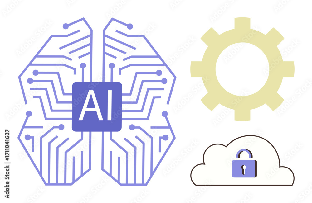 Poster central ai chip within neural circuit lines, yellow gear symbolizing innovation, cloud with lock for