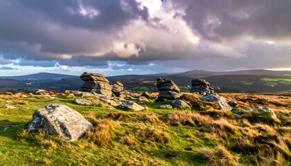 Dramatic rock formations stand sentinel on a sun-drenched, grassy hillside, bathed in the soft light of a late-afternoon sky, showcasing the rugged beauty of the landscape.
