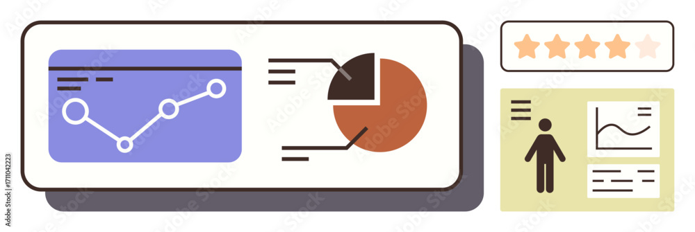 Poster line graph, pie chart, and profile card with analytics and performance overview. ideal for business 
