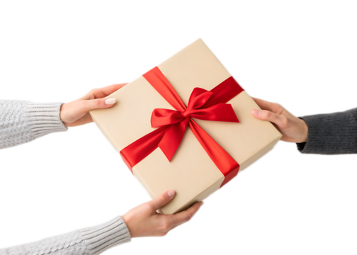 Hands exchanging a square gift box tied with a red ribbon on a black background for a special occasion