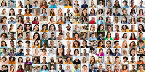 A colorful collection of portraits showcases joyful, diverse individuals representing various...