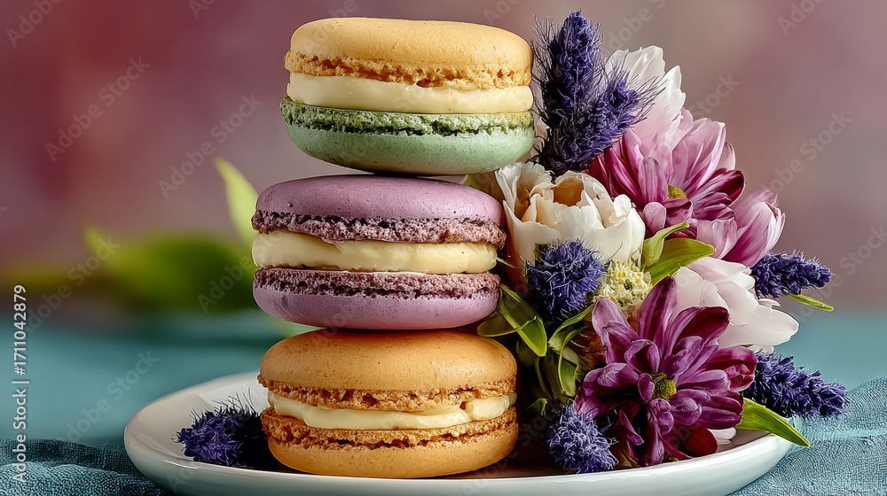 Poster three different colored macarons are stacked on top of each other on a white plate. the plate is set