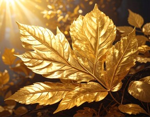Golden leaves gleam under a sunlit backdrop, showcasing intricate details and a rich, luxurious tone.