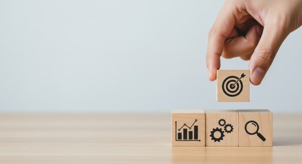 Building Blocks for Business Success Strategy, Growth, and Achievement with Icons on Wooden Cubes