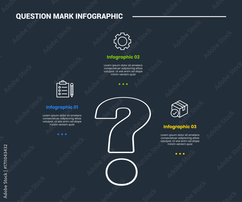 Poster question mark infographic process diagram with 3d laying sign with content spreading around with dar