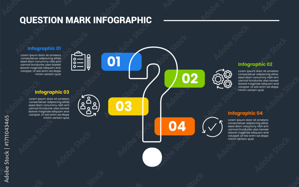 Poster question mark infographic process diagram with vertical sign with round rectangle badge around with 