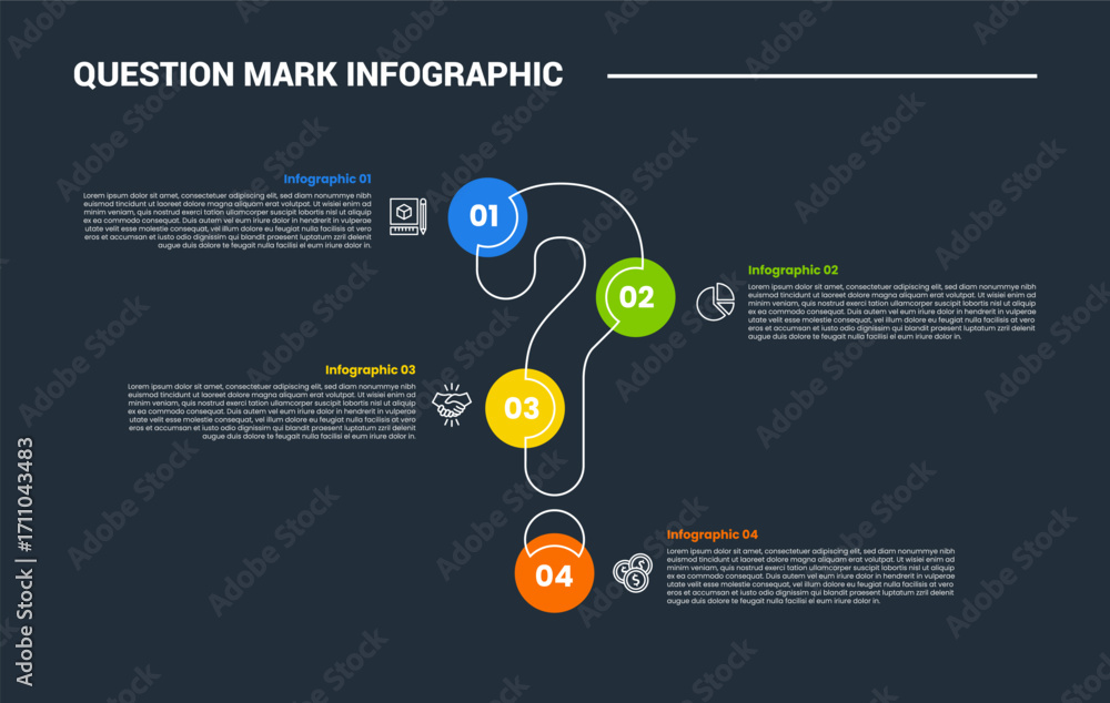 Poster question mark infographic process diagram with circle badge sticky on shape with dark background bri