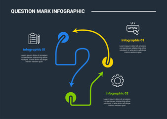 Question mark infographic process diagram with separated part with round connector with dark background bright outline style 3 points