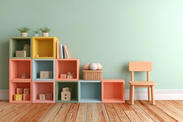 A cheerful children's room, featuring a colorful shelving unit, a wooden chair, and a soft mint-green wall.
