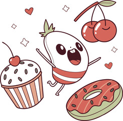 Seamless vector pattern with delicious cherry cupcakes on a sweet dessert background