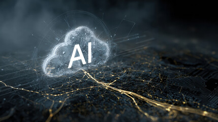 AI Cloud: An AI cloud concept, floating over a digital network, illuminated in a futuristic style, representing the power of artificial intelligence. 