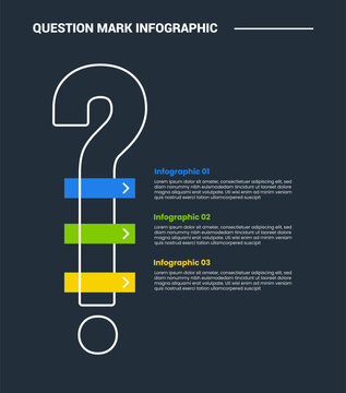 Question mark infographic process diagram with tall height vertical with rectangle box on stacked list with dark background bright outline style 3 points