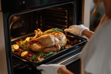 Chef taking delicious roasted turkey out of oven