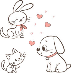 A funny cartoon bunny with a pink heart smiles, holding colorful Easter eggs