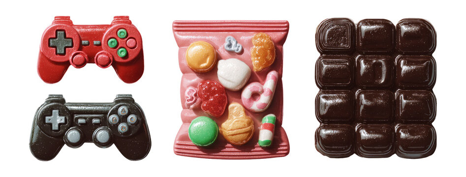 Colorful Game Controller and Candy Collection on Isolated Background