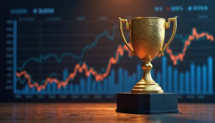 Golden trophy on black base with handles. Business chart with growing sales graph in background. Award for achievement in corporate success. Growth progress in business performance. Excellence in