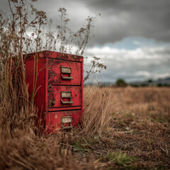 An old, weathered metal filing cabinet with rust sits alone in the middle of a grassy field under a cloudy sky.
