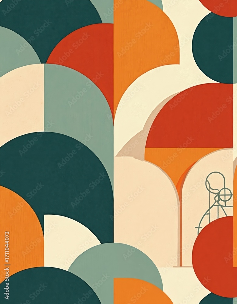 Poster Mid-century modern abstract design with repeating geometric shapes in teal orange and red. The textured background creates a retro aesthetic for graphic design projects.