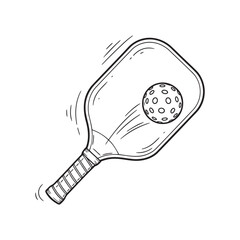 Hand drawn pickleball paddle hitting a ball sketch illustration.