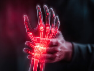 Digital visualization of a person holding their hand in pain, highlighting bones and joints with red inflammation and X-ray effect.
