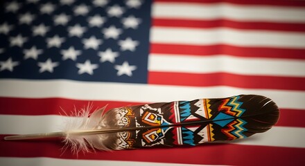 Obraz premium Native American Decorated Feather on American Flag