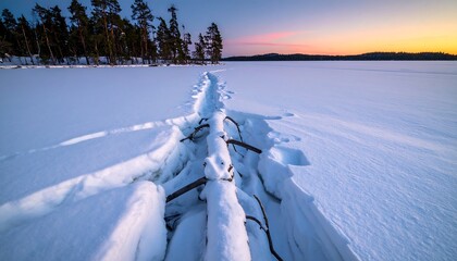 Frozen lake path, sunset.  Branches break through winter ice