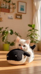 Adorable fluffy kitten lying on a handmade knitted whale toy, enjoying a cozy moment in a sunlit living room with plants.
