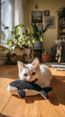 Adorable fluffy kitten lying on a handmade knitted whale toy, enjoying a cozy moment in a sunlit living room with plants.
