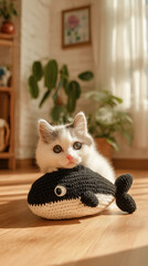 Adorable fluffy kitten lying on a handmade knitted whale toy, enjoying a cozy moment in a sunlit living room with plants.
