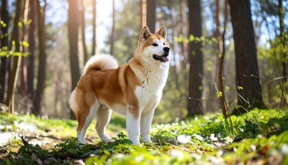 Akita dog in spring forest