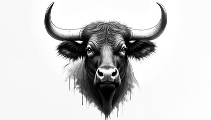 Naklejka premium Monochrome illustration of bull head with detailed horns and strong expression. Bull face with fur, horns and beard on white background. Artistic drawing of cattle with fierce look.