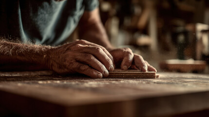 Close-up of skilled craftsman’s hands carefully sanding a wooden table surface, highlighting woodworking craftsmanship and attention to detail.
