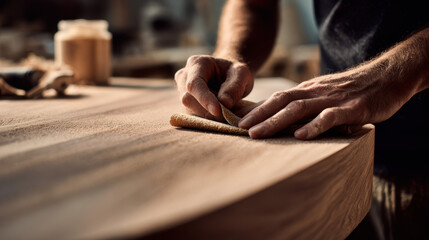 Close-up of skilled craftsman’s hands carefully sanding a wooden table surface, highlighting woodworking craftsmanship and attention to detail.
