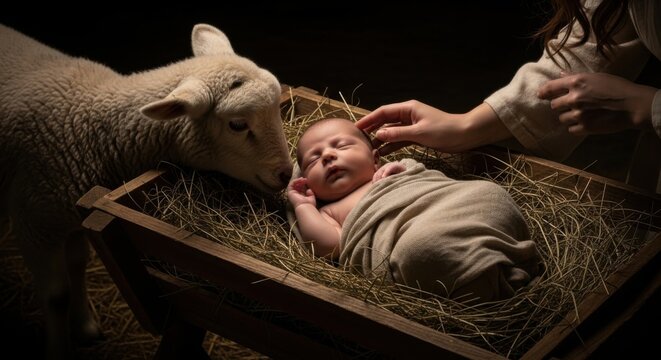Newborn baby Jesus sleeping in a manger on hay with a lamb and woman's hand. Nativity scene for Christmas celebration. Religious biblical worship. - Powered by Adobe