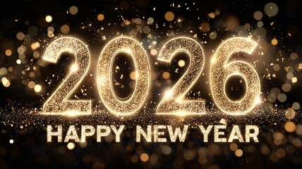 Spectacular New Year illustration with luminous golden 2026 numbers and the phrase “Happy New Year” shining in a star-filled sky, radiating joy and wonder.